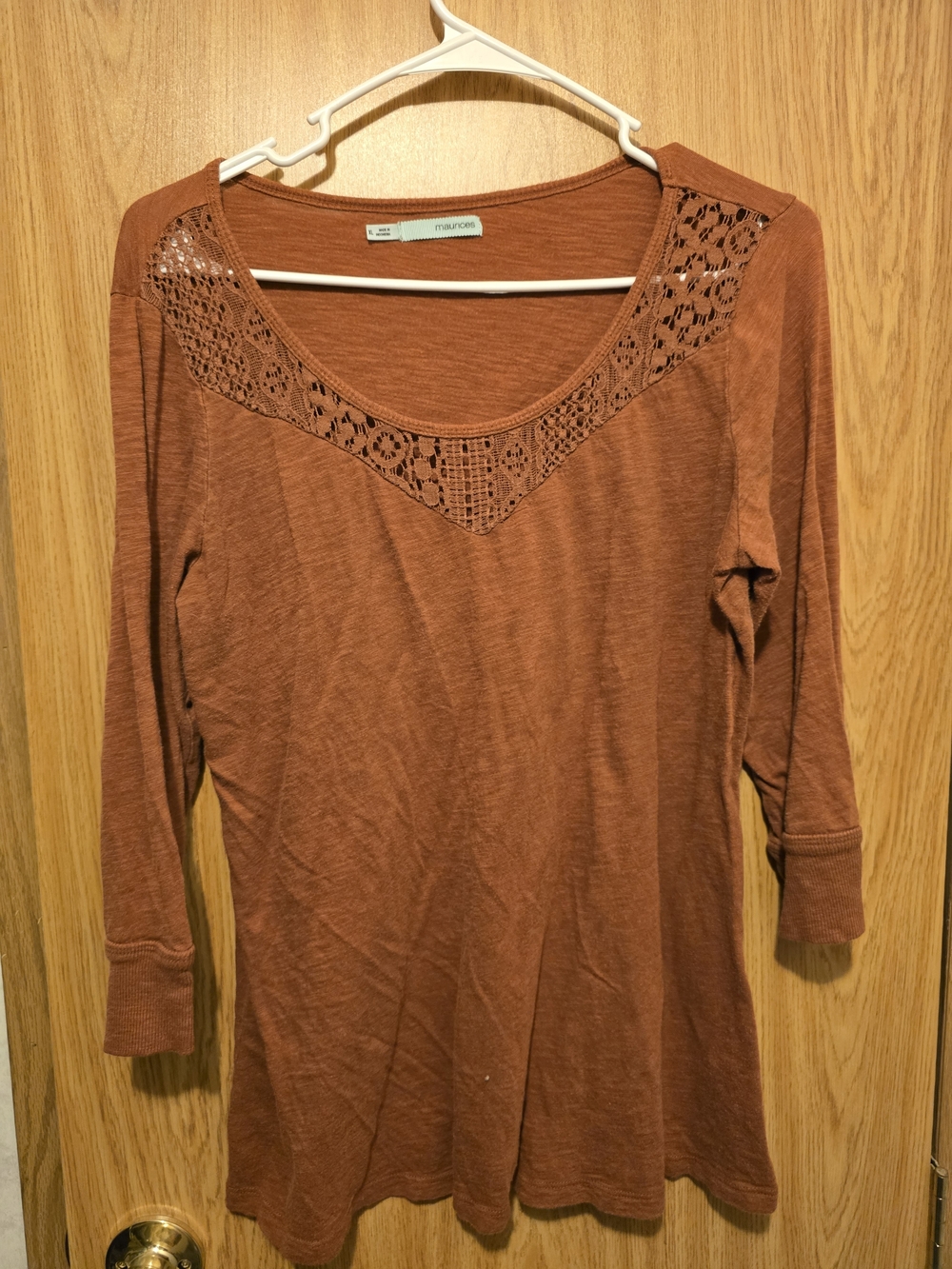 Maurices Rust Scoop Neck 3/4 Sleeve Top with Lace Yoke